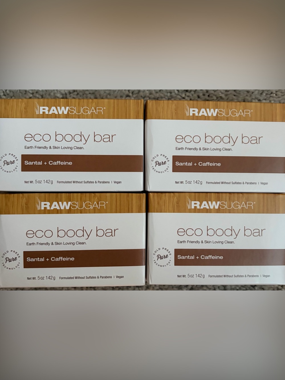 4 Raw Sugar Santal + Caffeine Eco Body Bars with Massaging Nubs- New